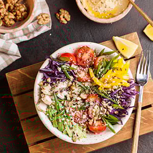 Learn to make Spicy Sweet Chicken Peach Salad with Honeyed Pecans