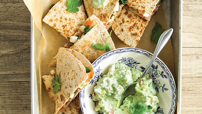 cheesy-chicken-and-kale-quesadillas-with-creamy-guacamole